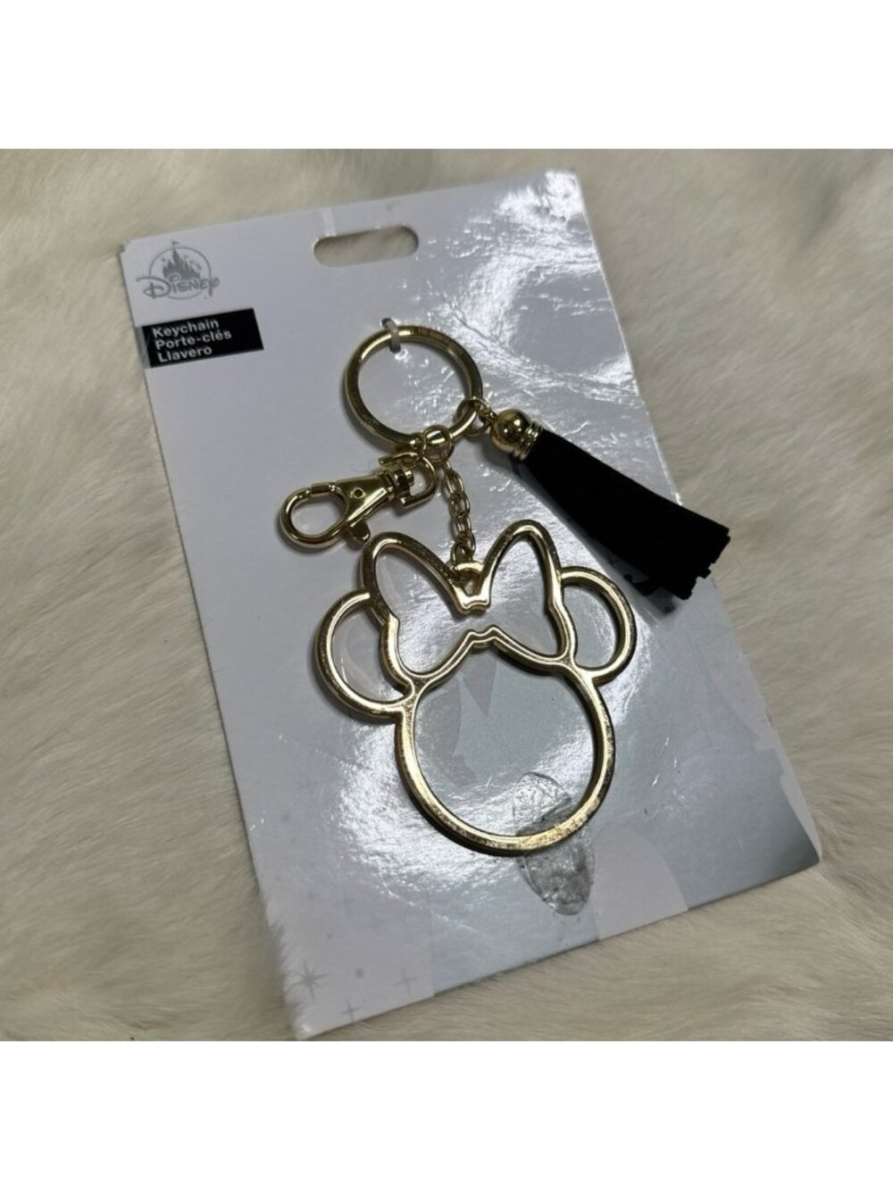 Disney Minnie Mouse Gold Outline Keychain Black Tassel Charm